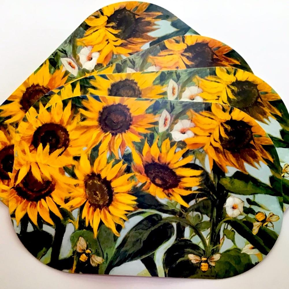 Marlene Coble Placemats Set of 4 Yellow Sunflowers Bees Reversible Plastic Oval